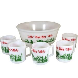 Vintage Hazel Atlas Egg Nog Bowl With 5 Matching Mugs 1950s Ex Condition